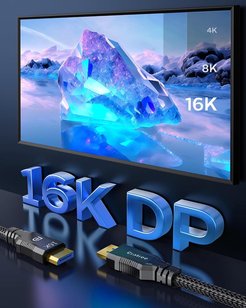 Cratree كابل DisplayPort إلى DisplayPort 16K بطول 10 أقدام - يدعم 40Gbps، FreeSync، G-Sync، 16K 30Hz، 8K 120Hz، 4K 240Hz/165Hz/144Hz، 3D، DSC 1.2a - متوافق مع شاشات الألعاب، الكمبيوتر الشخصي - Image 3